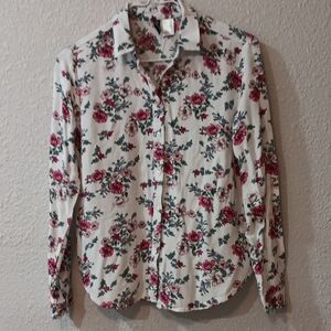 H&M Divided,  White Ladies Floral Button Down Blouse,  Ladies Size 0